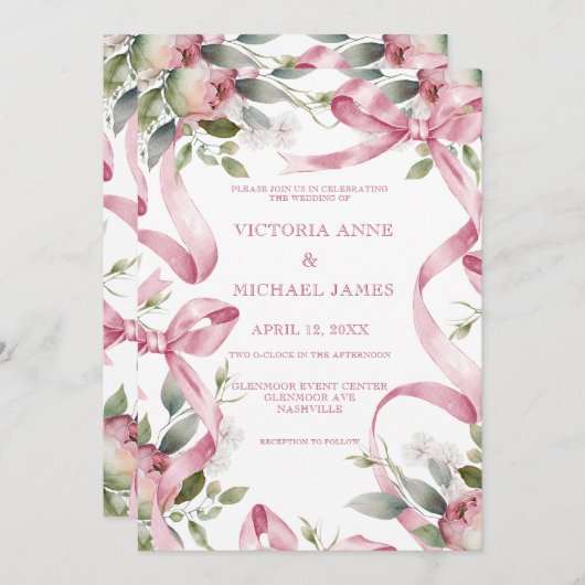 Schöne Rosa Ribbons & Blumenzwiebeln. Einladung (Vorne/Hinten)