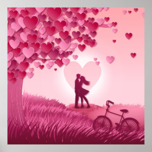 Schöne rosa romantische Wiesenpaarillustration Poster