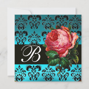 SCHÖNE ROSA ROSE BLAUE SCHWARZE DAMAST-MONOGRAMM EINLADUNG