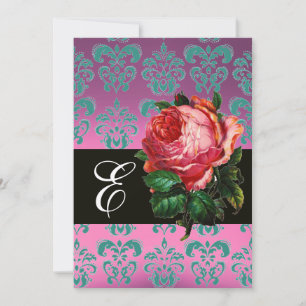 SCHÖNE ROSA ROSE FLIEDER BLAU DAMAST MONOGRAMM EINLADUNG