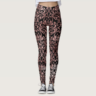 Schöne rosa Rose Gold Damask Black Leggings