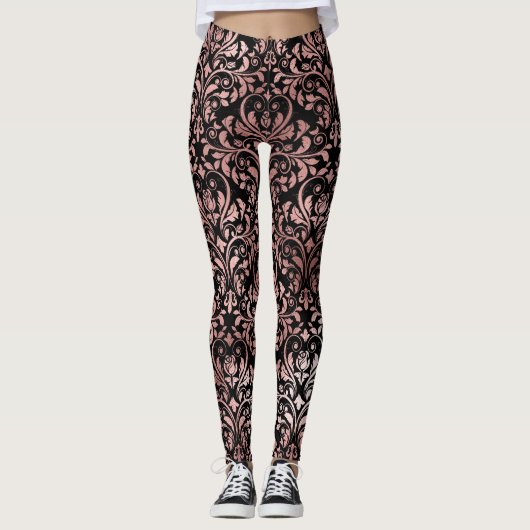 Schöne rosa Rose Gold Damask Black Leggings (Vorderseite)