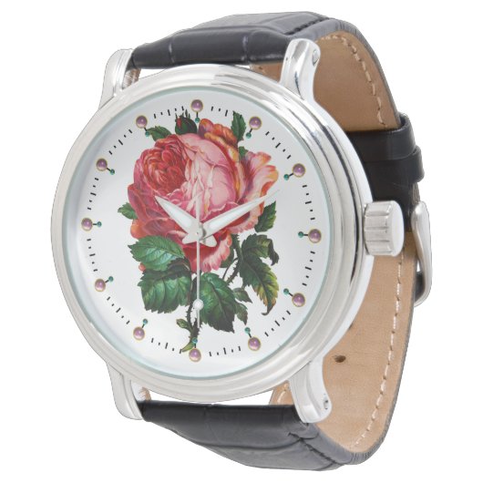 SCHÖNE ROSA ROSE MIT EDELSTEINEN ARMBANDUHR (Schrägansicht)