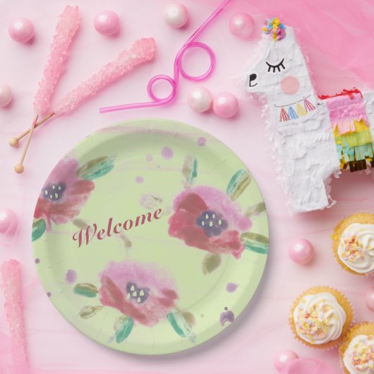 Schöne rosa Rose mit Minzgrün Pappteller (Party)