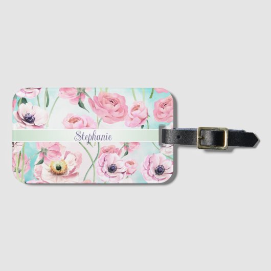 Schöne Rosa Rose Monogramm mit rosafarbenen Blumen Gepäckanhänger (Vorderseite (Horizontal))