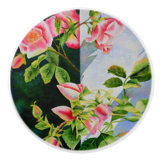 Schöne rosa Rosen Aquarellblüte Keramikknauf (Vorderseite)