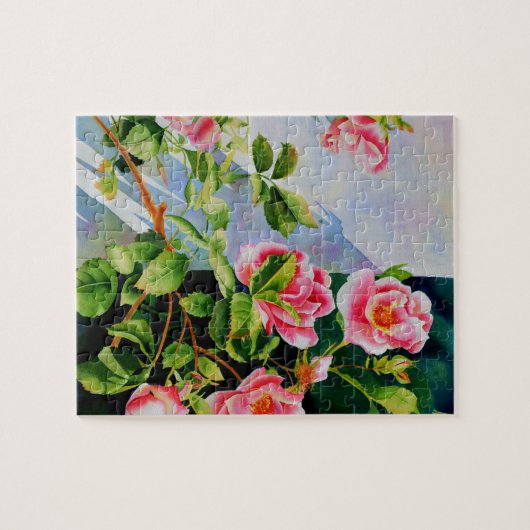 Schöne rosa Rosen Aquarellblüte Puzzle (Horizontal)