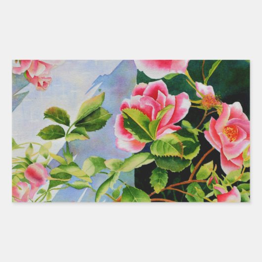 Schöne rosa Rosen Aquarellblüte Rechteckiger Aufkleber (Vorderseite)