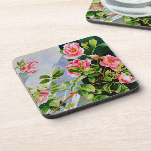 Schöne rosa Rosen Aquarellblüte Untersetzer (Linke Seite)