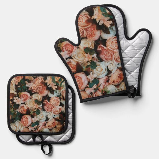 Schöne rosa Rosen blühen Ofenhandschuh & Topflappen-Set (Vorderseite/Rückseite)