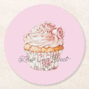 Schöne rosa Rosen Blumen Cupcake Brautparty Runder Pappuntersetzer