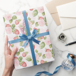 Schöne rosa Rosen Erdbeeren Geburtstag Geschenkpapier