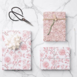 Schöne rosa Rosen Floral Glitter Brautparty Geschenkpapier Set
