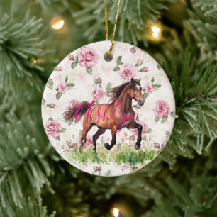 Schöne rosa Rosen Pferd Weihnachten Keramik Ornament
