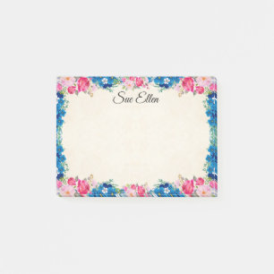Schöne rosa Rosen und blaue Blumen personalisiert Post-it Klebezettel