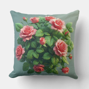 Schöne rosa Rosenbouquet mit üppigen grünen Blätte Kissen
