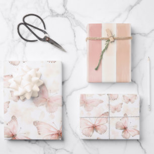 Schöne rosa Schmetterlinge Geburtstag Geschenkpapier Set