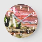 Schöne rosa Sonnenuntergang Nautical Lighthouse Kü Runde Wanduhr (Vorderseite)