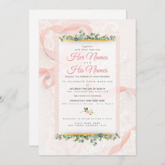 Schöne rosa Spitzen und Ribbon Hochzeitseinladunge Einladung (Vorne/Hinten)