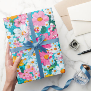 Schöne rosa und blaue Retro-Blumen  Geschenkpapier