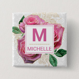 Schöne rosa und goldene Glamour-Rosen-Monogramm Button