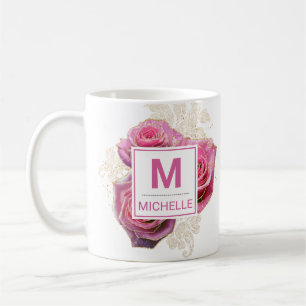 Schöne rosa und goldene Glamour-Rosen-Monogramm Kaffeetasse