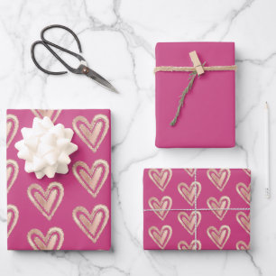 Schöne Rosa und Rose Goldene Herzen Geschenkpapier Set
