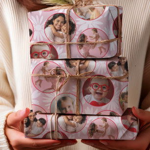 Schöne rosa und rote Foto- und Gänseblümchen-Muste Geschenkpapier Set