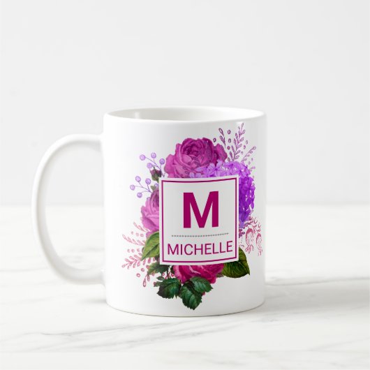 Schöne rosa und violette Blumenmonogramm Kaffeetasse (Links)