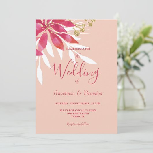 Schöne Rosa- und Weißblütenhochzeit Einladung (Stehend Vorderseite)