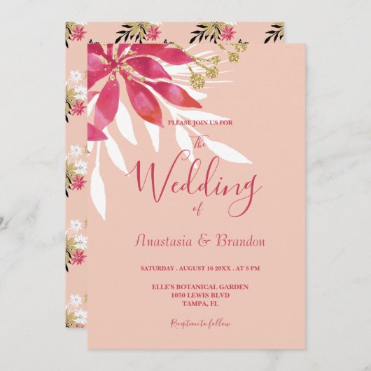 Schöne Rosa- und Weißblütenhochzeit Einladung (Vorne/Hinten)