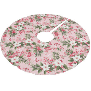 Schöne rosa Weihnachtsblüte und Berries Polyester Weihnachtsbaumdecke