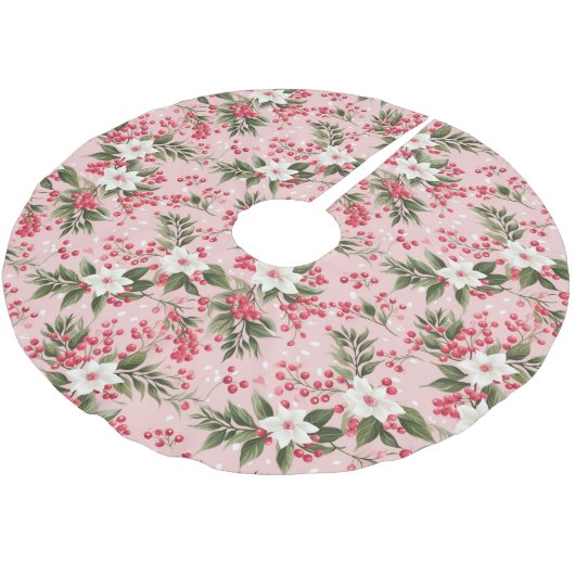 Schöne rosa Weihnachtsblüte und Berries Polyester Weihnachtsbaumdecke (Schrägansicht)