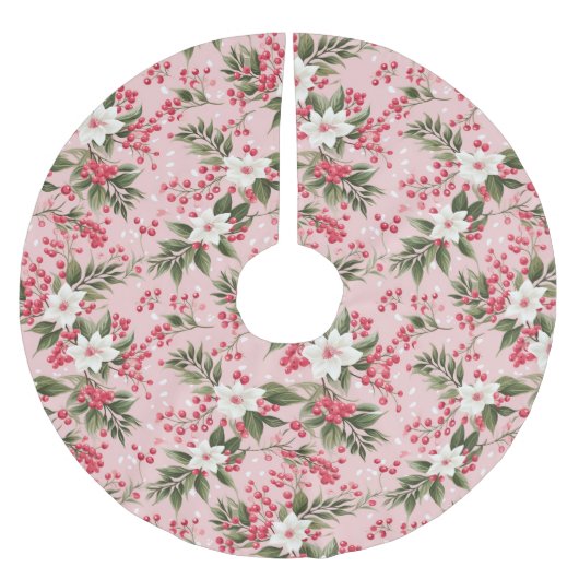 Schöne rosa Weihnachtsblüte und Berries Polyester Weihnachtsbaumdecke (Vorderseite)