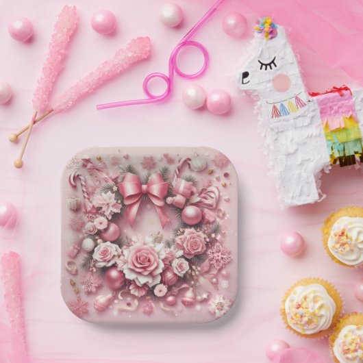 Schöne rosa Weihnachtskranz Blumenribons Pappteller (Party)