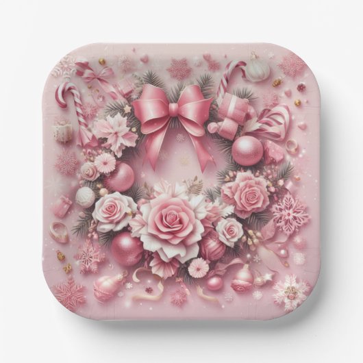 Schöne rosa Weihnachtskranz Blumenribons Pappteller (Vorderseite)