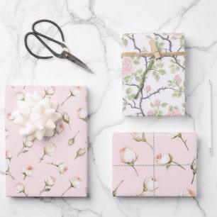 Schöne rosa weiße Rosen Floral Brautdusche Geschenkpapier Set