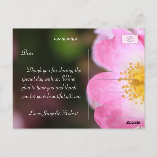 schöne rosa wilde Rose Blume Hochzeit danke Postkarte (Rückseite)