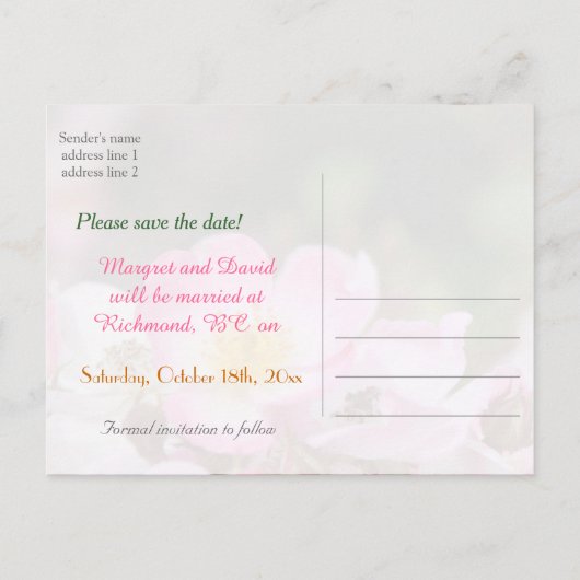 schöne rosa wilde Rose Blume Hochzeit speichern da Ankündigungspostkarte (Rückseite)