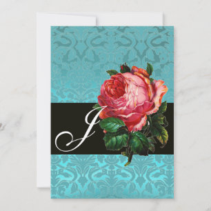 SCHÖNE ROSAFARBEENE ROSE  BLAUE SCHWARZE DAMAST-MO EINLADUNG