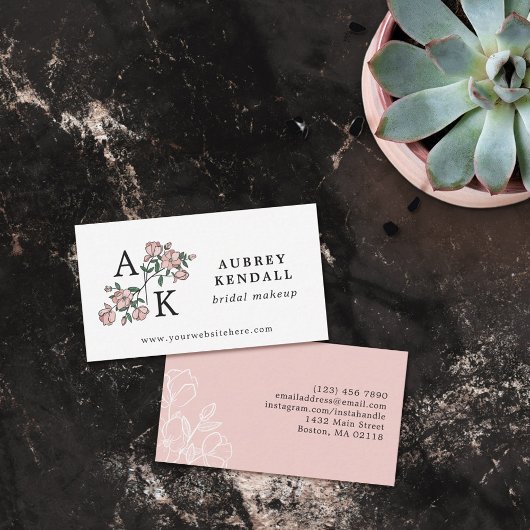 Schöne rosafarbene Blumengrafik mit 2 Initialen Visitenkarte