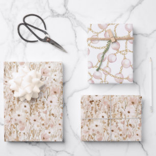 Schöne Rosafarbene Braune Florale Hochzeitsdusche Geschenkpapier Set