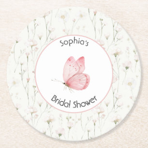 Schöne rosafarbene Floral-Schmetterling-Braut-Part Runder Pappuntersetzer