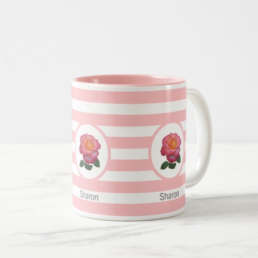 Schöne Rose auf Rosa und Weiß Streifen Zweifarbige Tasse (VorderseiteRechts)