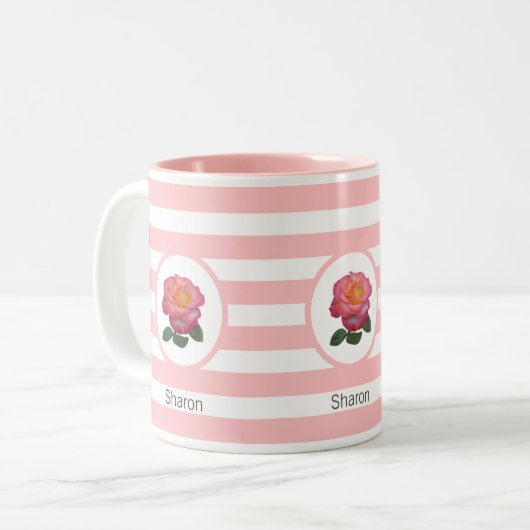 Schöne Rose auf Rosa und Weiß Streifen Zweifarbige Tasse (Vorderseite Links)