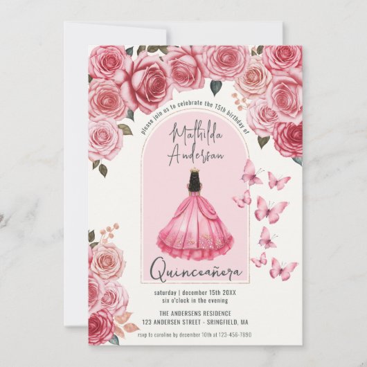 Schöne Rose Gold Blumenprinzessin Quinceanera Einladung (Vorderseite)