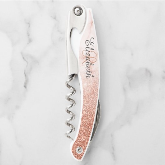 Schöne Rose Gold Marmor Monogram Glitzer Kellnermesser (Vorderseite)