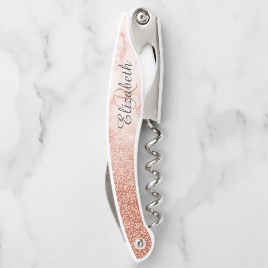 Schöne Rose Gold Marmor Monogram Glitzer Kellnermesser (Rückseite)