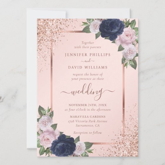 Schöne Rose Gold Navy Blush Blues Hochzeit Einladung (Vorderseite)
