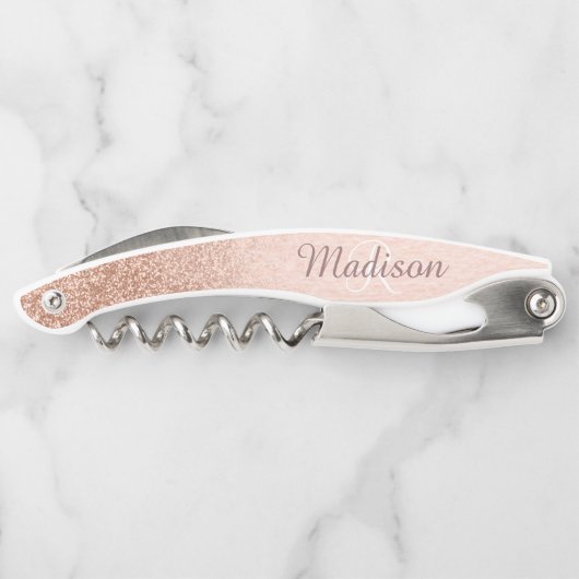 Schöne Rose Gold Stilvolle Monogram Glitzer Kellnermesser (Rückseite)